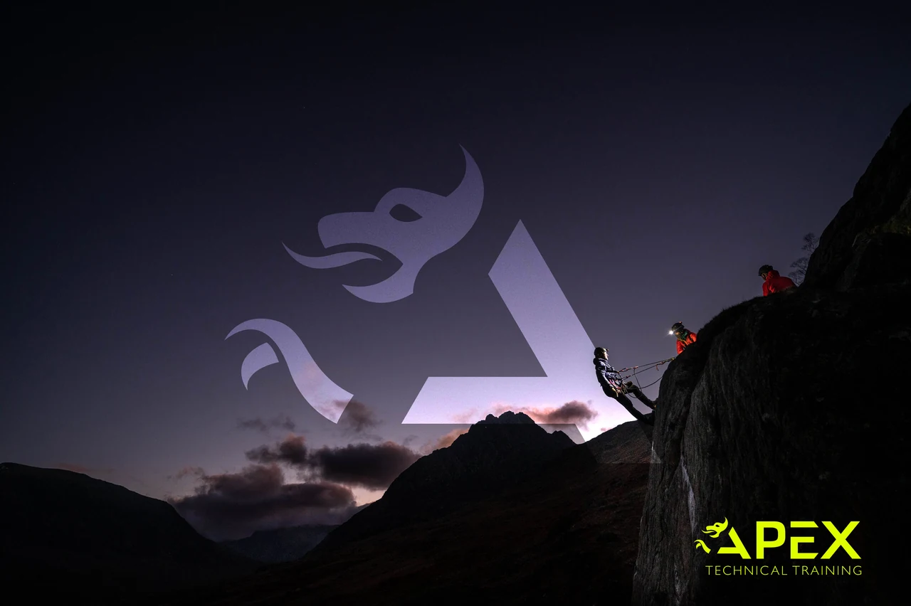 Apex Technical Training identity over an abseiling scene at dusk.