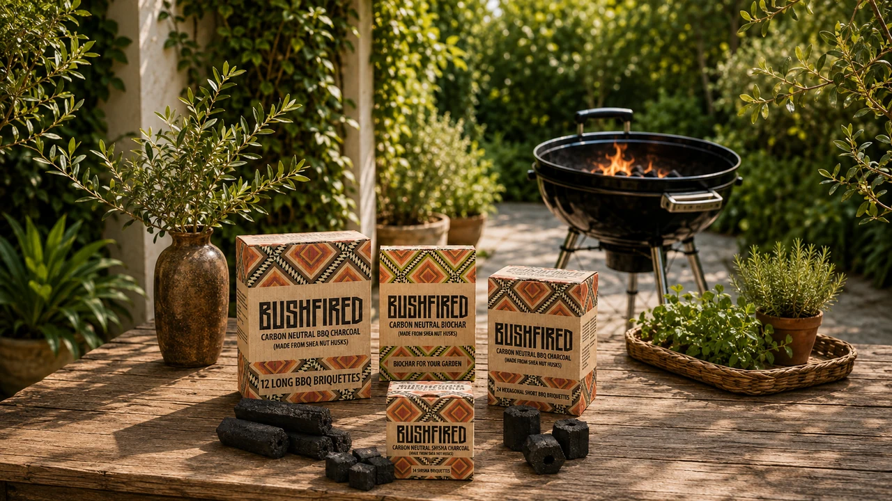 Bushfired charcoal and briquette packaging beside a barbecue in a garden.