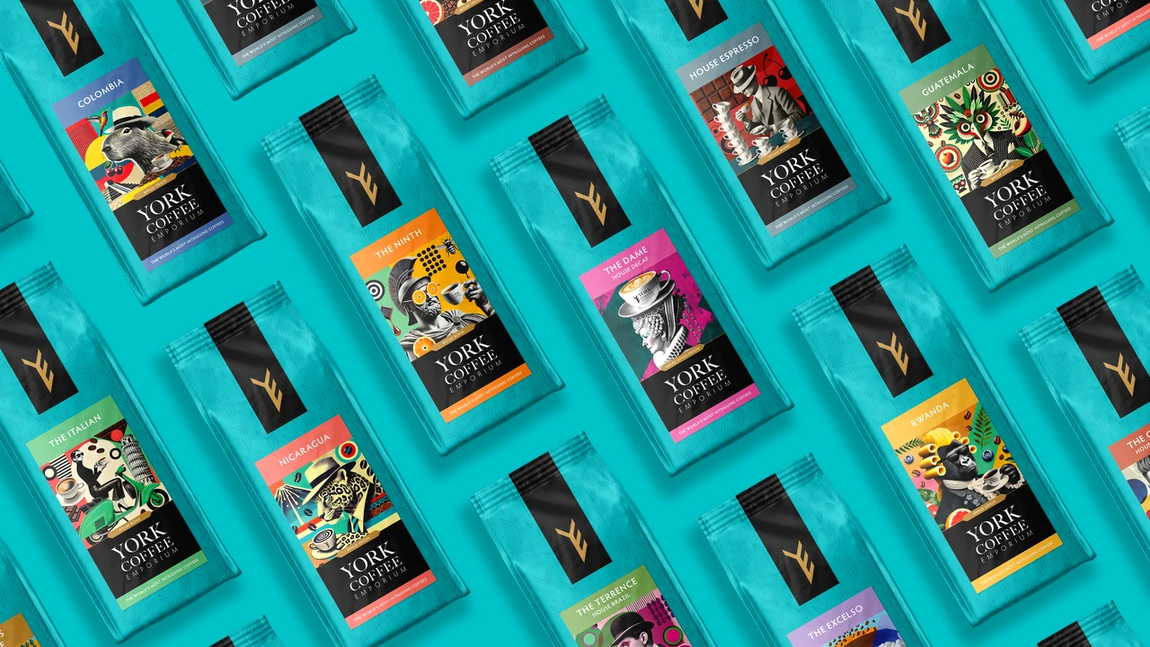 York Coffee Emporium coffee packaging on a turquoise background.